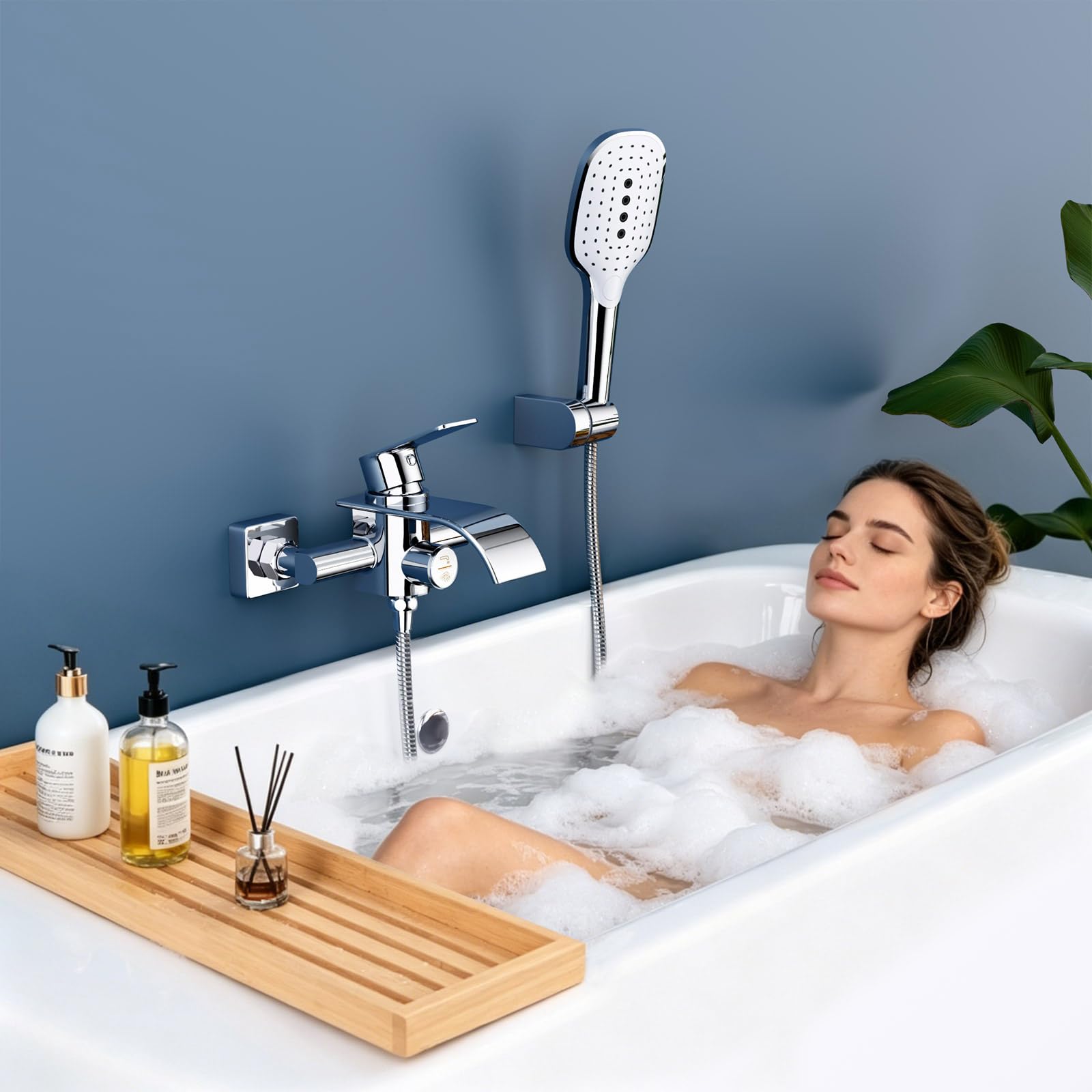 rubinetto per vasca da bagno con doccetta a mano, cascata e miscelatore in ottone 3 funzioni, interruttore a pressione