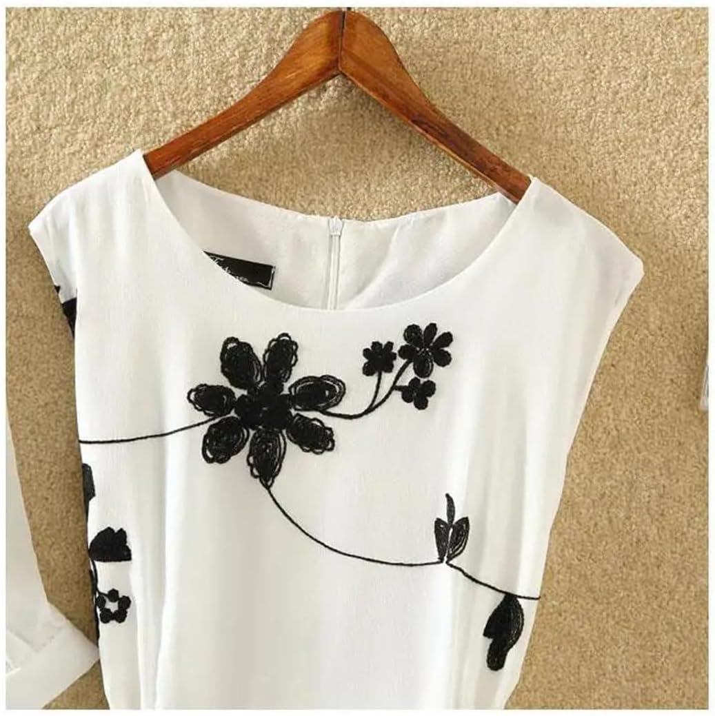 Women's High Waist Sleeveless A-Line Skirt Floral Embroidery Top Belt Two-Piece Suit