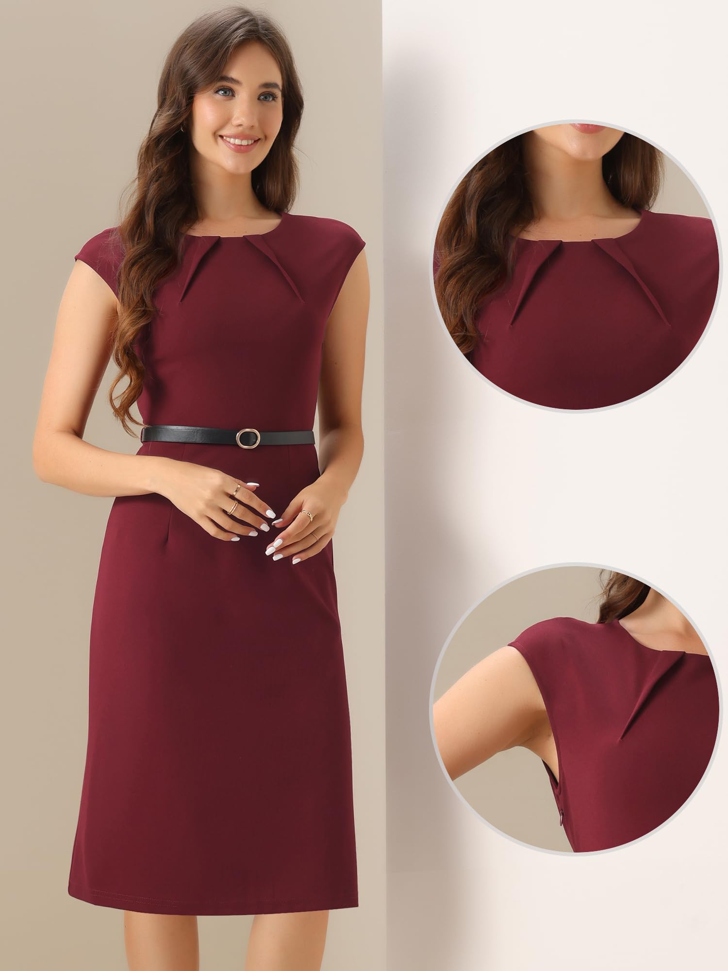 Allegra K Damen Bürokleid Ärmellos Rundhalsausschnitt Flügelärmeln Gürtel Elegant Etuikleid Kleid