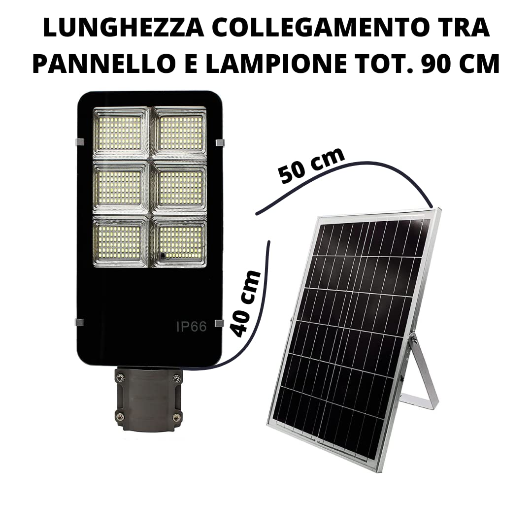 MAKA Lampione con Pannello Solare Monocristallino Led Esterno con Palo Telecomando Leds Impermeabile Ip66 Faro Luce Fredda 6500K 12 Ore Autonomia Sensore Crepuscolare Stradale Giardino (400W)