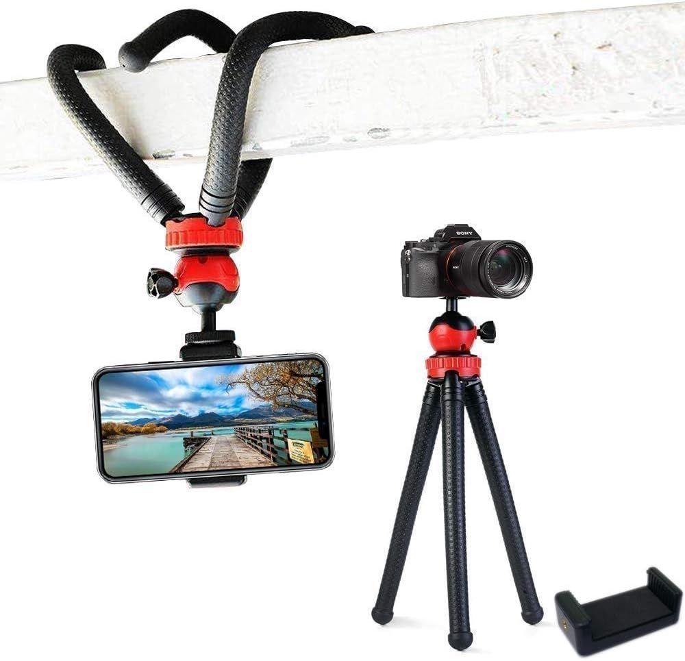 - T-11 Flexible Gorillapod Tripod with 360° Rotating Ball Head Tripod for All DSLR Cameras(Max Load 1.5 kgs) & Mobile Phones + Free Heavy Duty Mobile Holder(Black) (12 Inch, Black and Red)