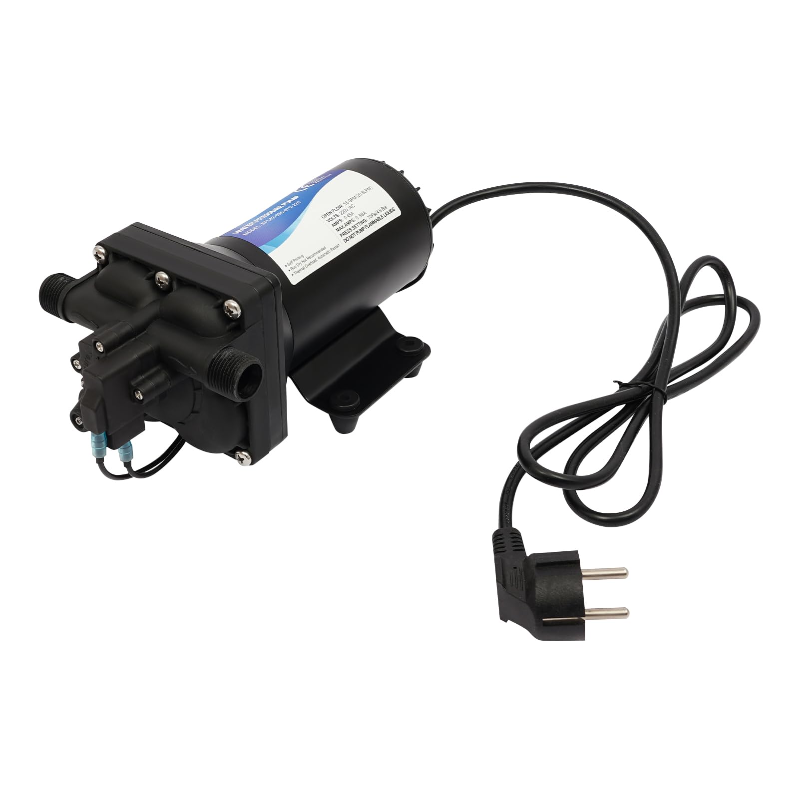 Membran-Druckpumpe 184 W, 20 l/min, Saughöhe 3 m, Förderhöhe 40 m, Druckwasserpumpe (2,4–5,6 kg), Ein-/Auslass φ20 mm (Außengewinde), Membranpumpe mit 1/2 Zoll Schlauchanschluss für Camping, Boote