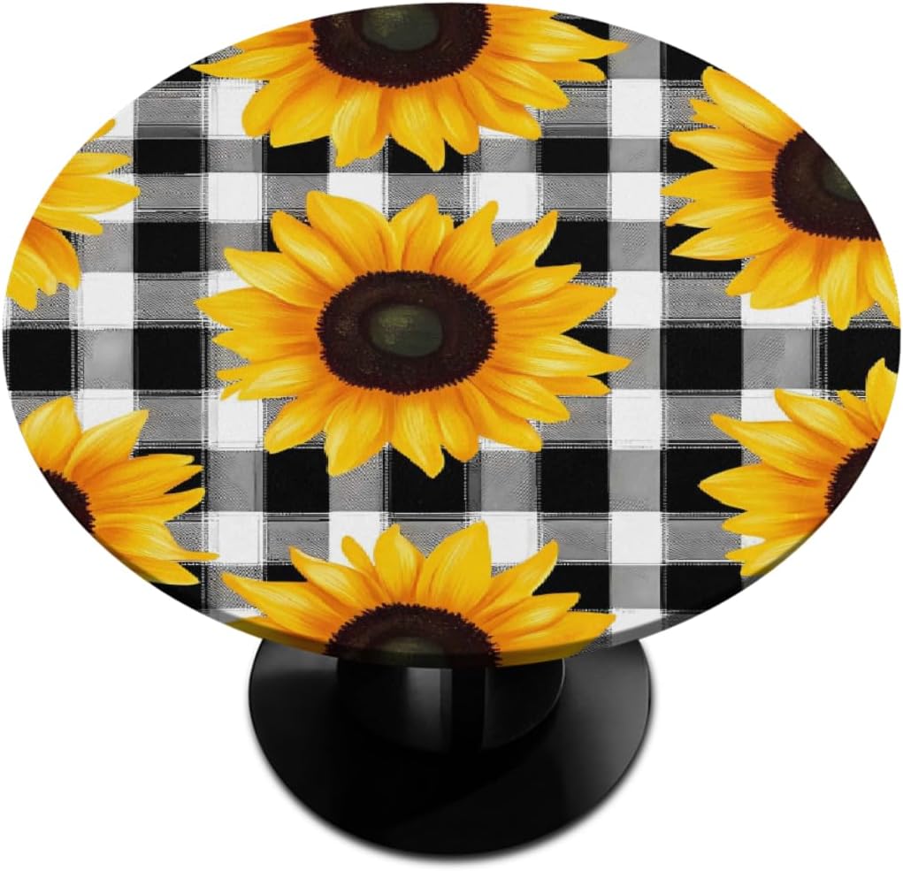 AUUXVA Sunflower Florals Round Tablecloth with Elastic Edge Bands Black White Buffalo Plaid Fitted Table Cloths Waterproof Table Cover Protector for Home Kitchen Dining Patio Table 36-42 inch