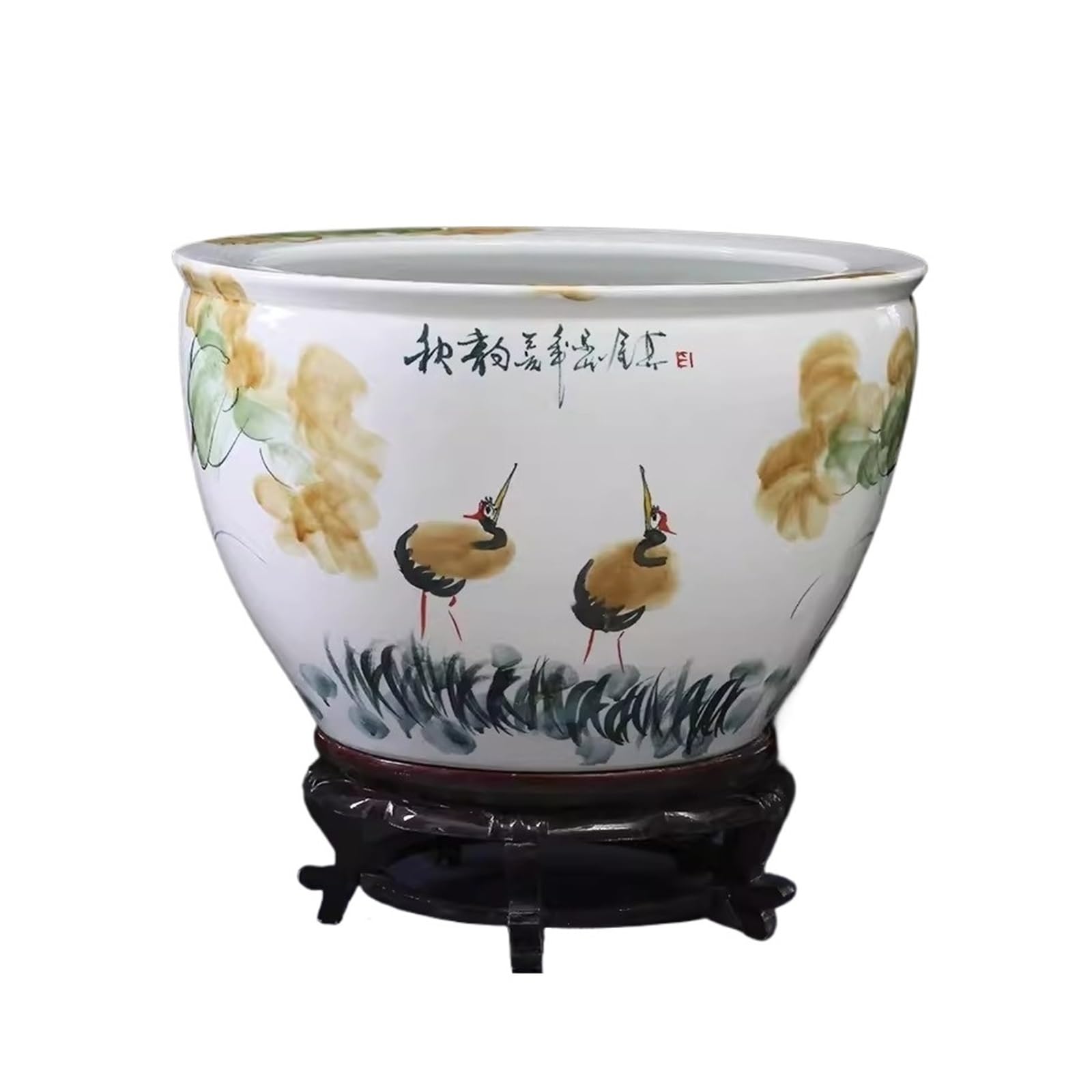 Aquarium Réservoir de Poissons en céramique Blanche avec Peinture Traditionnelle Chinoise Feng Shui for Salon for Tortues Base Bois(53x53x33cm)