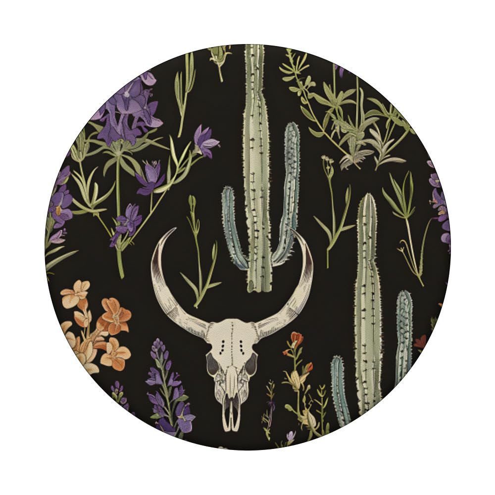 Salvia Flower Aztec Pattern Boho Cow Skull PopSockets Swappable PopGrip, Black - Image 3