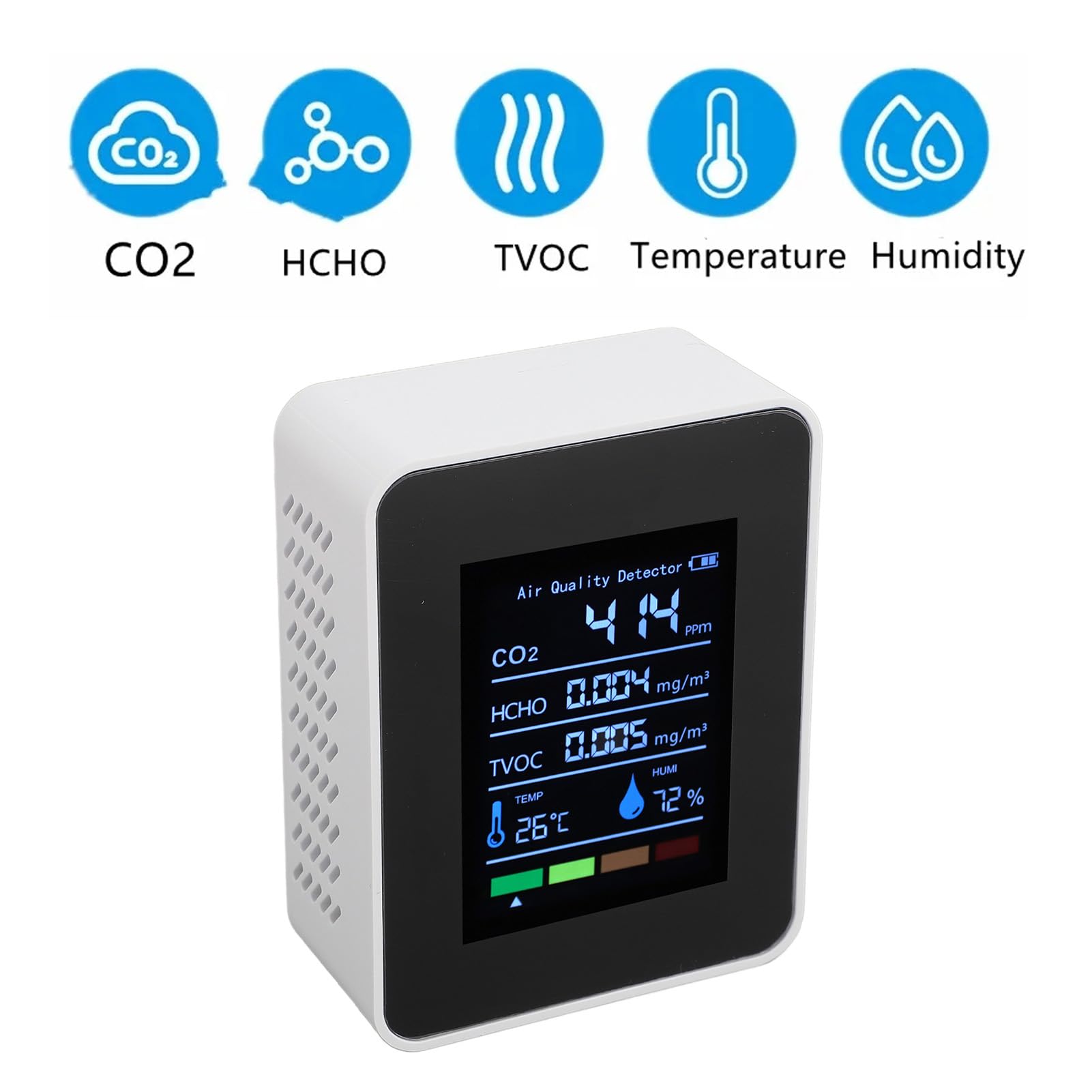 Portable Air Quality CO2 TVOC HCHO Detector, 5 in 1 Multifunctional Indoor Air Quality Tester Meter with Digital Screen for Home, Office, Car, Travel, and Party (WHITE)