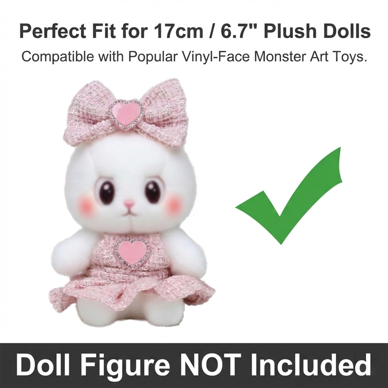 17cm Doll Clothes Pink Tweed Dress & Bow Set - Kawaii Outfit for 6.7” Plush Toys, Monster Art Dolls - Handmade Keychain Accessories(Outfit Only, Doll Not Included)(Style E)