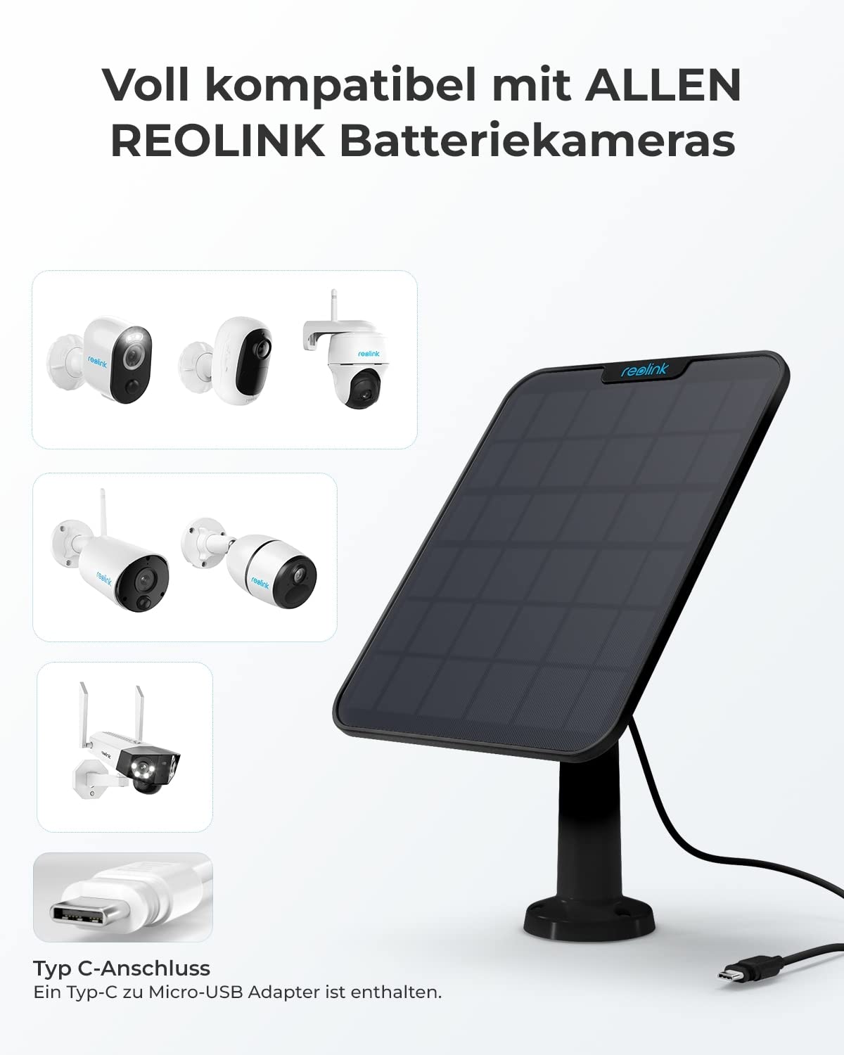 Reolink 6W Solarpanel für Akku Überwachungskamera Aussen, USB, Solar WLAN IP Kamera Outdoor, 360° Halterung, Schwarz