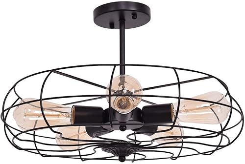 Miniatura 6 de Tangkula Lámpara de techo semiempotrada, luces colgantes industriales con base de 5 bombillas E26, accesorio de iluminación colgante de jaula de