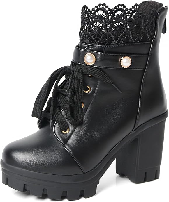 MEOTINA Women’s Platform Boots – Chunky Heel Ankle Booties with Lace & Buckle, Zipper High Heel Goth Shoes (Black)