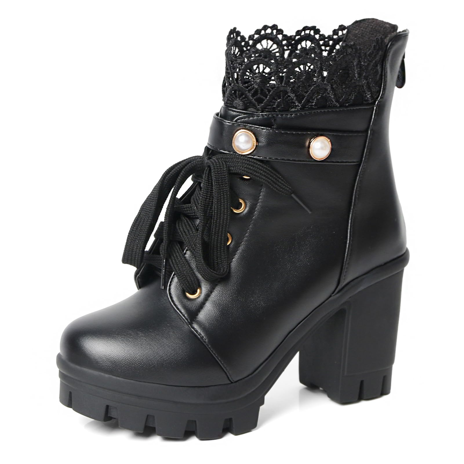 MEOTINA Women Platform Boots Black Chunky Heel Ankle Booties Lace Buckle Combat Boots with Zipper High Heel Goth Shoes