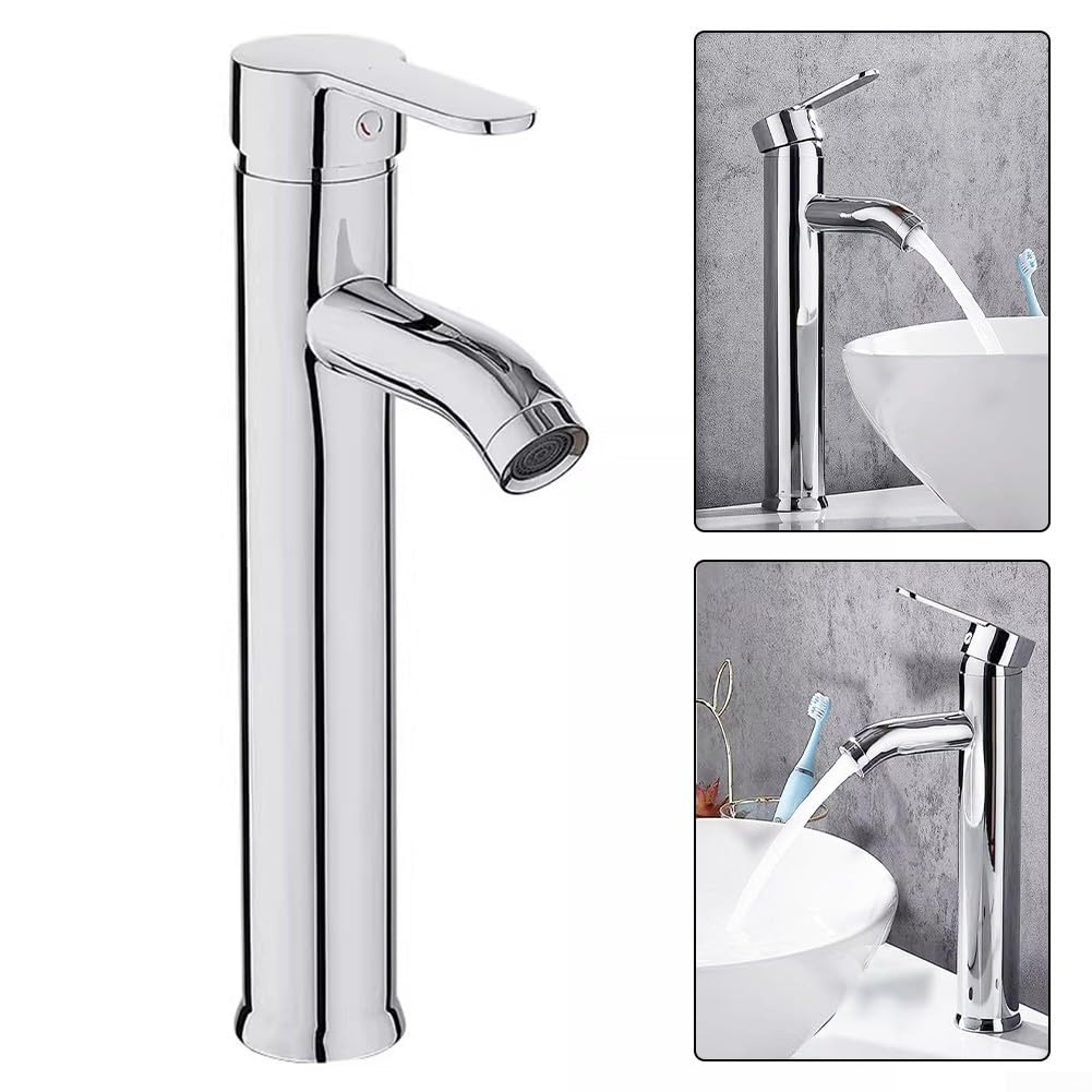 Miscelatore monocomando per lavabo in Acciaio Inox, per Acqua Calda e Fredda, Design Moderno, con Tubo Flessibile da 60 cm, Finitura Argento.