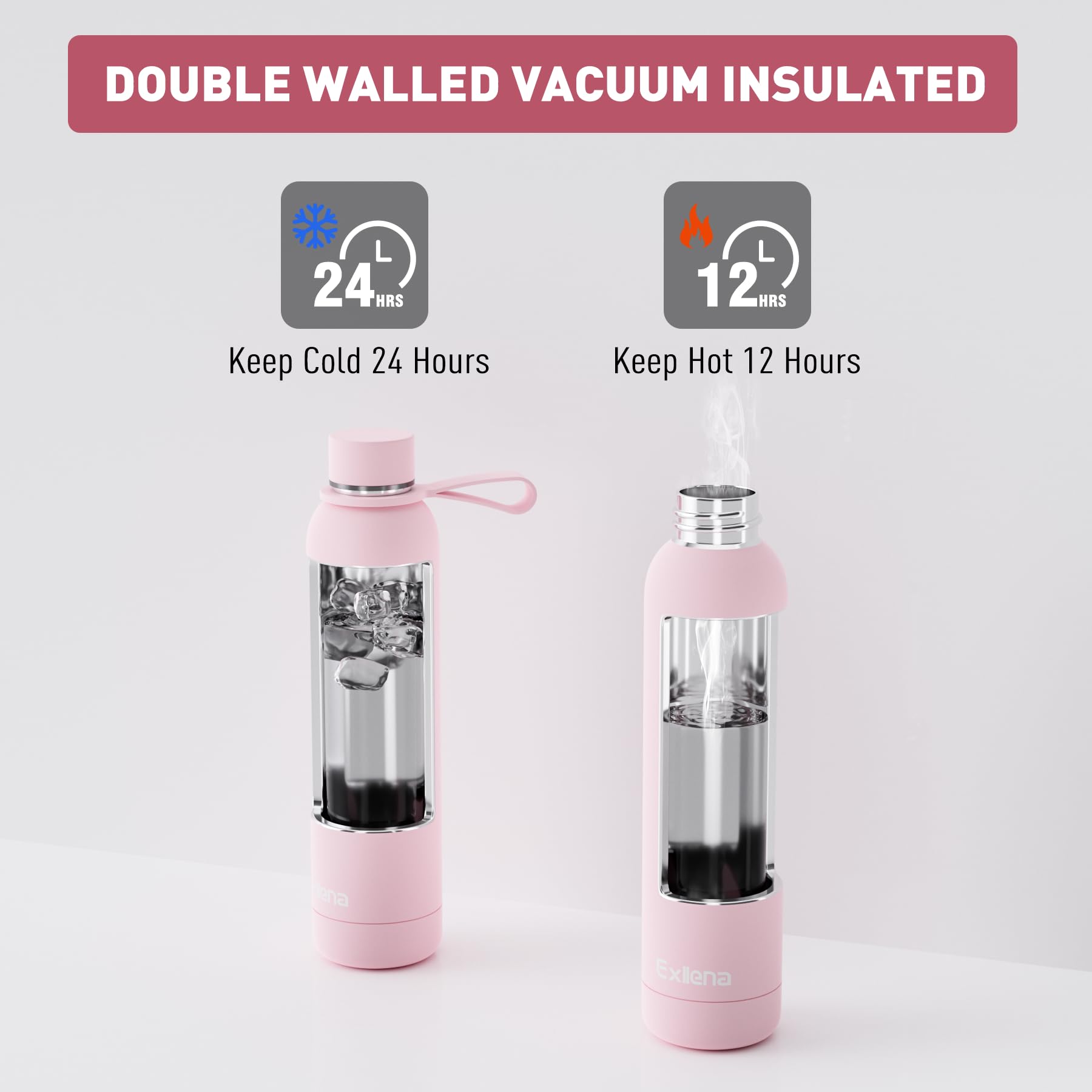 Exllena Borraccia Termica 750 ml - Bottiglia Termica Doppio Vuoto Mantenere Calore/Freddo - Senza BPA - 100% A Tenuta Stagna con Anello per Tote (Rosa)