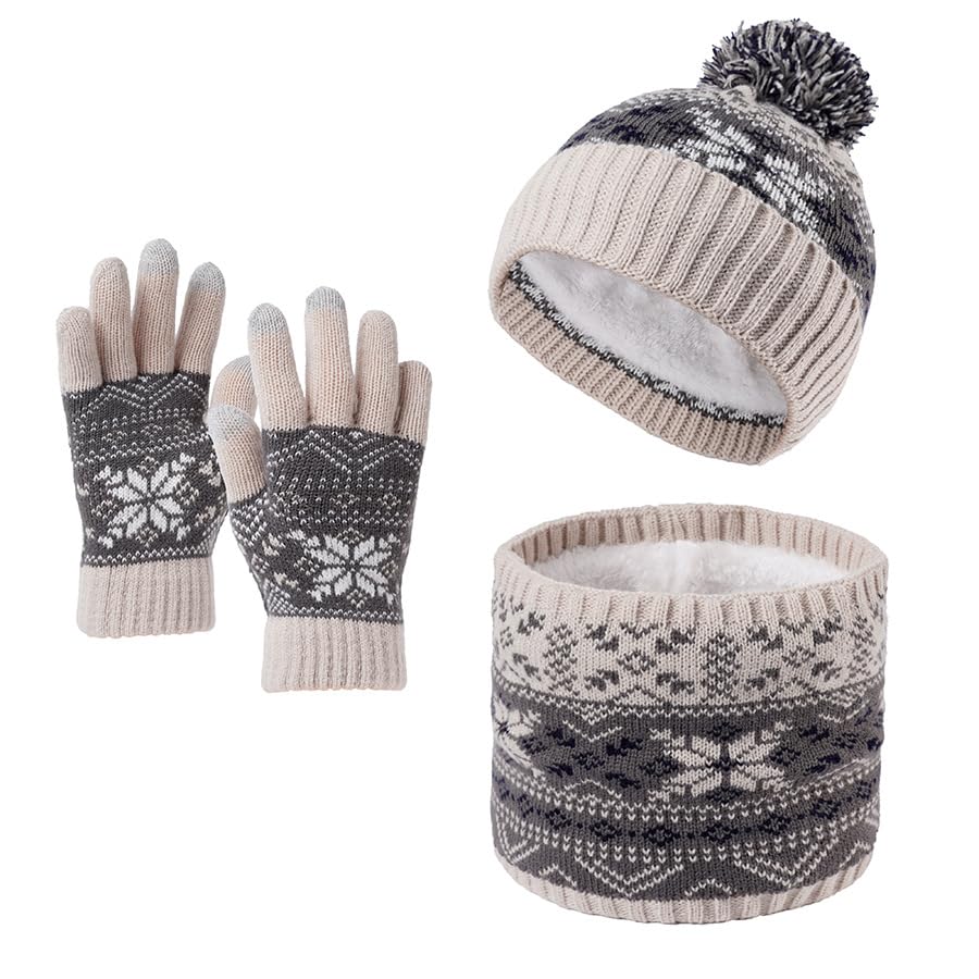 IPENNY Kids Winter Hat Scarf Gloves Set, Fleece Lined Touchscreen Gloves Beanie Cap and Thermal Neck Warmer for Cold Weather