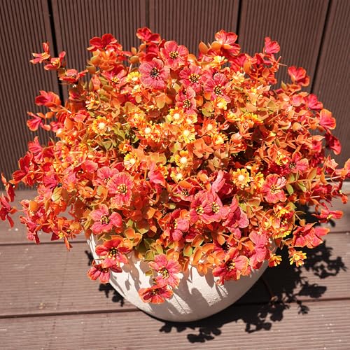Artificial Fall Flowers Faux mums for Outdoor Indoor Garden Home Decoration, Faux Flower Daisy with Eucalyptus Leaves Fake Mums Plants Greenery Boxwood Porch Patio, 16 Bundles (Artificial Mums)