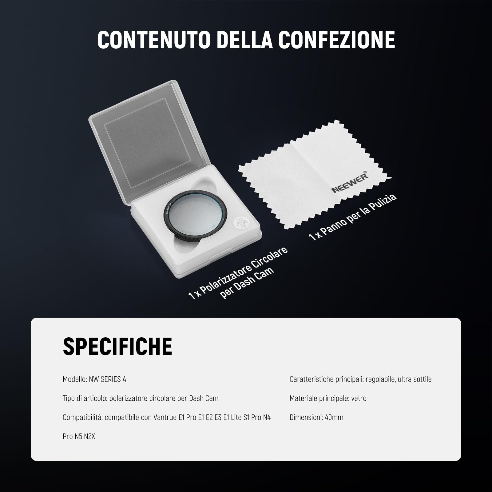 NEEWER Filtro CPL da 40mm Compatibile con Vantrue N4 Pro N5 E1 Pro E1 E2 E3 E1 Lite S1 Pro N2X Dash Cam, Filtro Polarizzatore Circolare Ultra Sottile Regolabile, Riduce Riflessi e Aumenta Contrasto