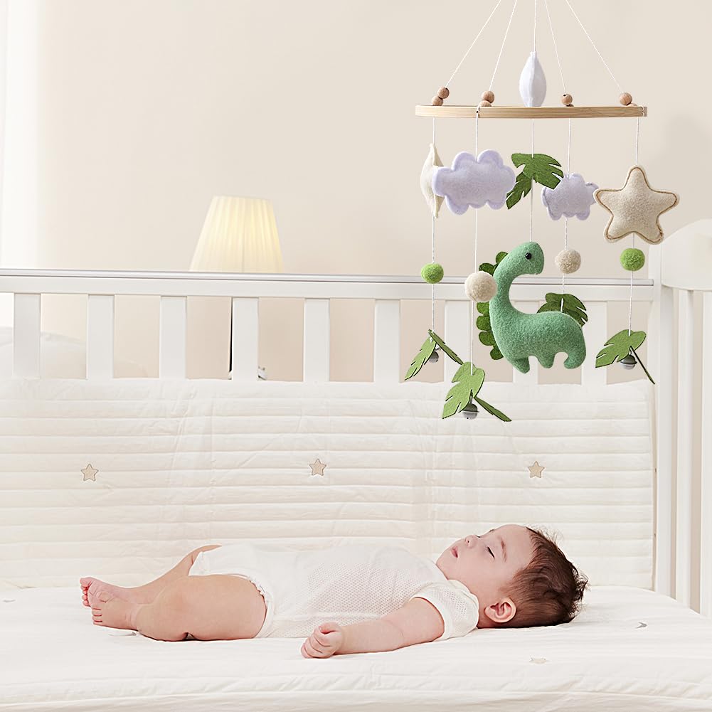 Giostrina Culla Neonato in Legno, con Feltro Dinosauri, Foglie, Nuvole e Stelle, Giostrina Neonato con Campanellino, Decorazioni per Cameretta, Regalo per Bambine o Bambini