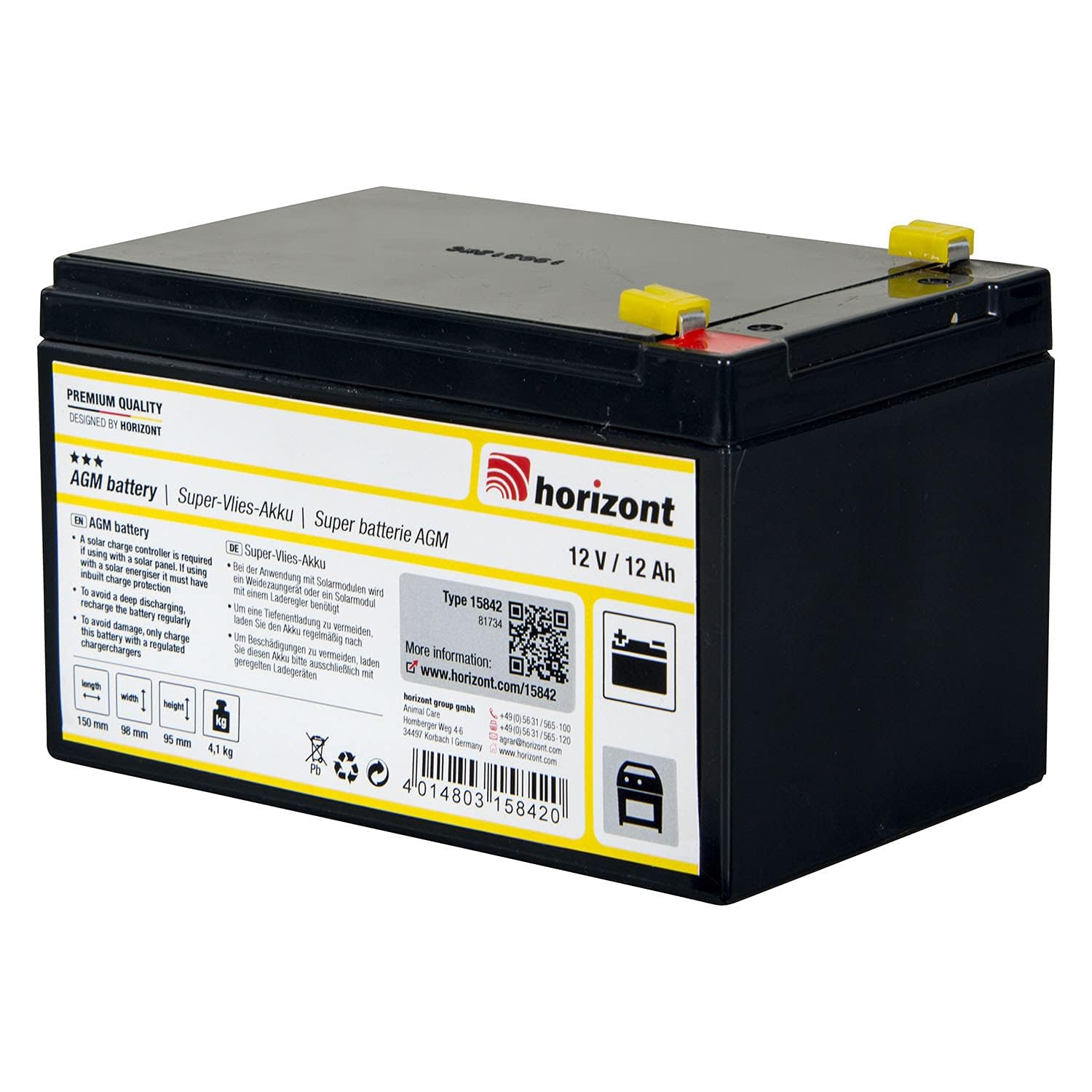 horizont Weidezaunakku 12V/12Ah Super-Vlies-Akku wiederaufladbar