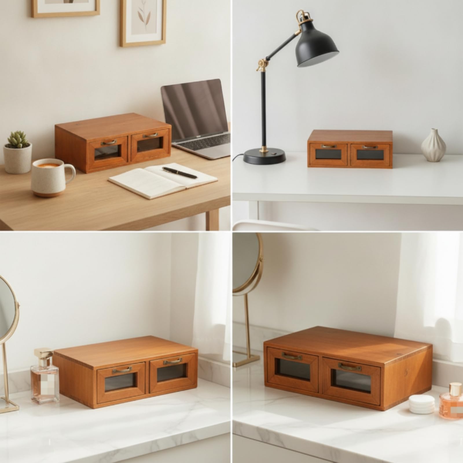 predolo Organizzatore da Scrivania con Cassetti in Legno Organizer da Scrivania con Cassetto Stile Retrò Rialzo per Ufficio, Studio , Due Cassetti Con Finestra E Divisorio Superiore