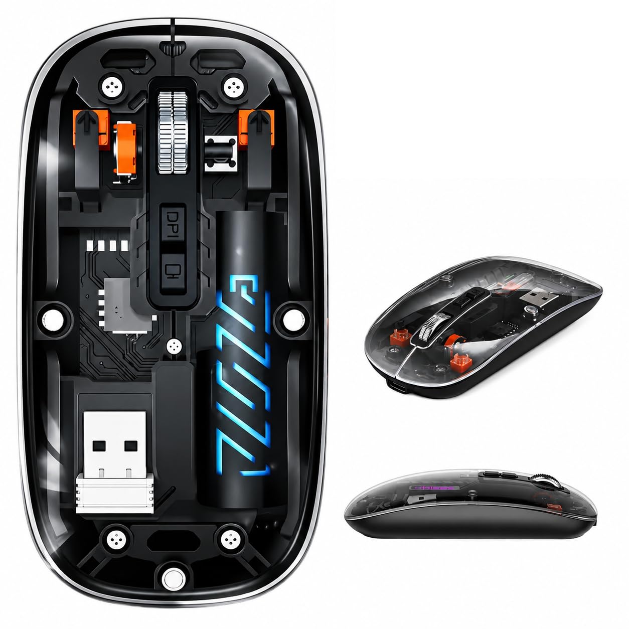 mPix Slim Ergonomic Transparent Mouse | Rechargeable Bluetooth Wireless Mouse with LED Lighting and USB Nano Receiver for Mac, Laptop and Tablet Users