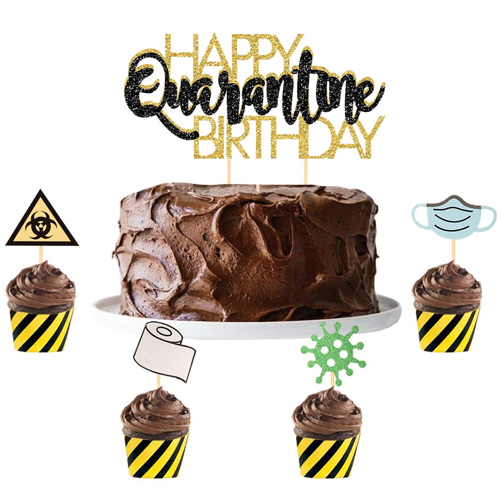 Amazon.com: Happy Quarantine Birthday Cake Topper Social Distancing Birthday  Party Supplies Black Gold Glitter : Grocery & Gourmet Food