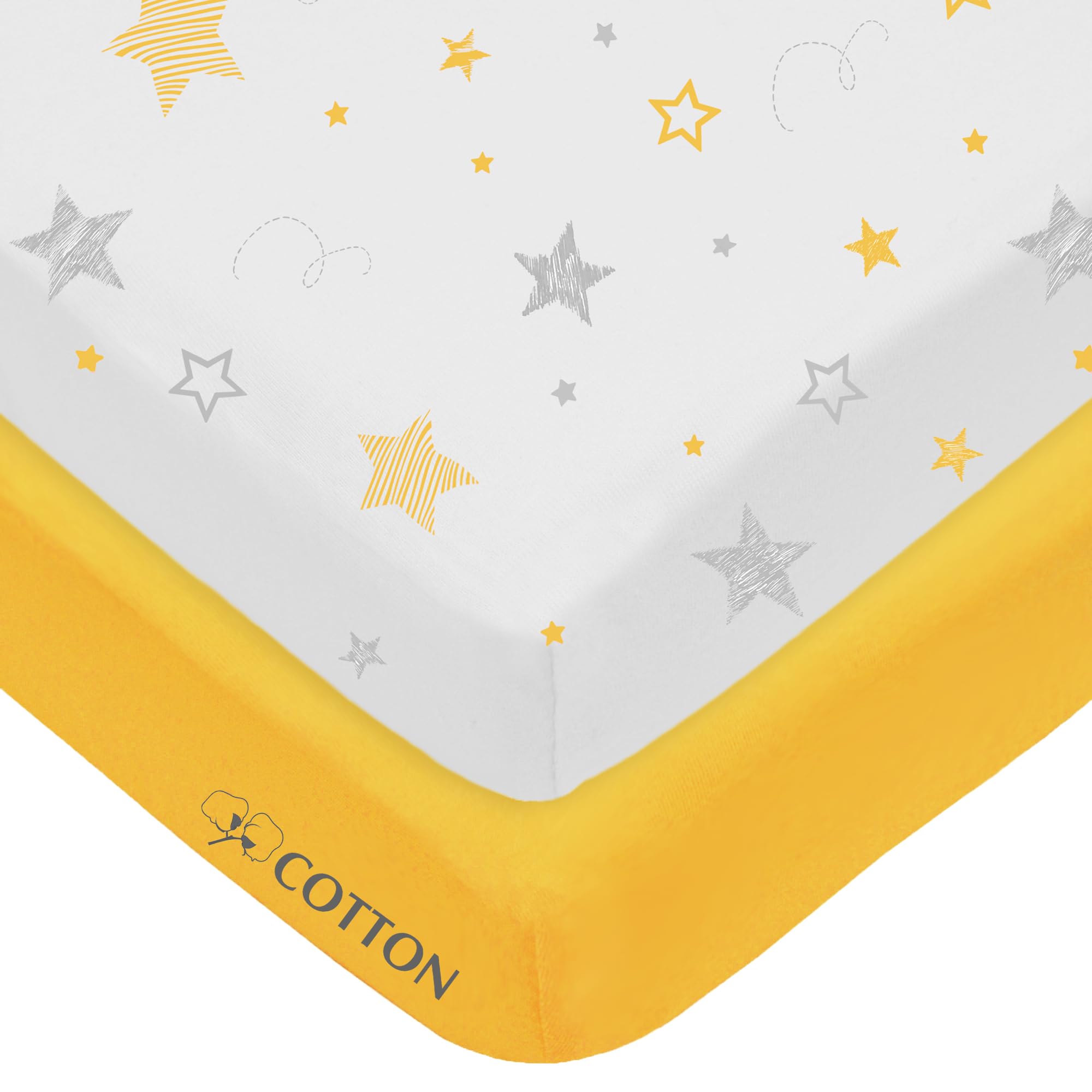 American Baby Company Confezione da 2 lenzuola con angoli in 100% cotone naturale, 99,1 x 68,6 cm, morbide e traspiranti, per playard e mini culla, giallo stella/giallo, per ragazzi e ragazze