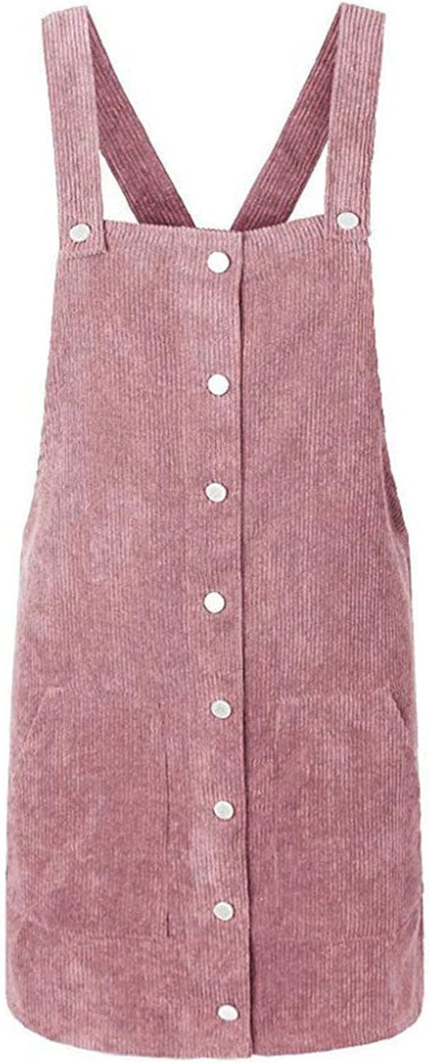 Women's Straps A-Line Corduroy Pinafore Bib Pocket Overall Dress Button Down Sleeveless Mini Dress with Pockets