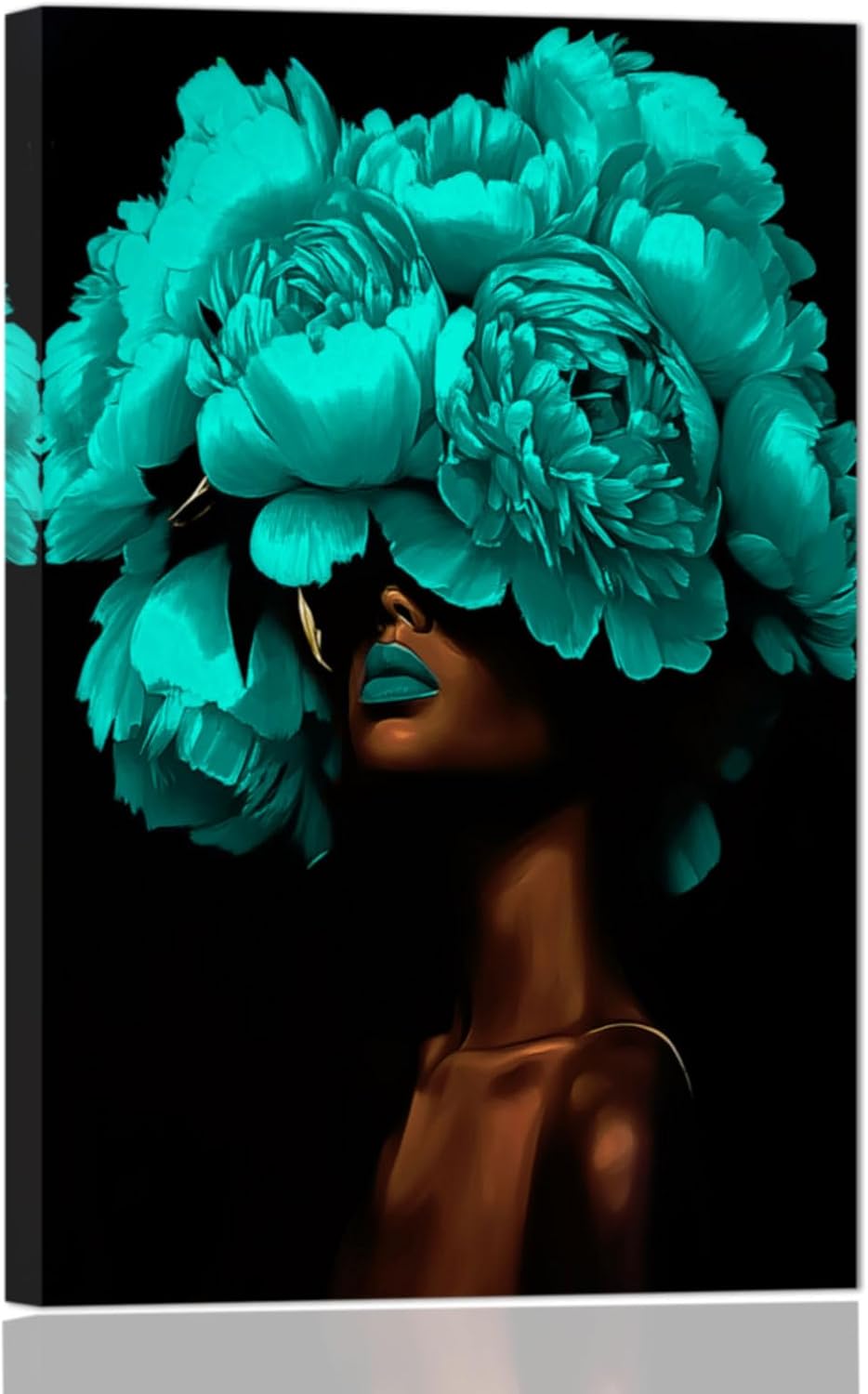 YMXDYMJSW African American Women Wall Art Black Women with Flower Head Pictures Abstract Black Girl Portrait Canvas Prints for Bedroom Decor Frame (Teal,18L x 12W)