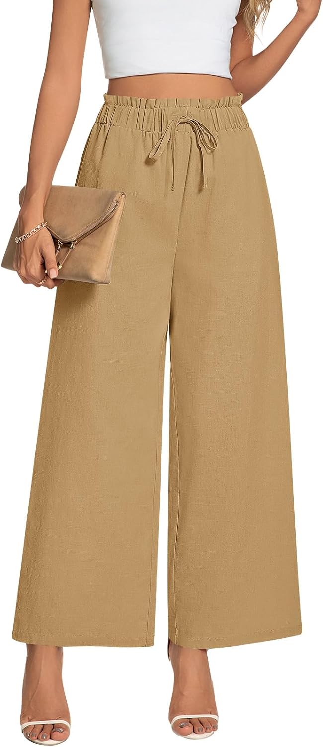 Anyally Women's Linen Summer Palazzo Pants Casual Flowy Wide Leg Drawstring High Waist Beach Trousers with Pockets - Image 4