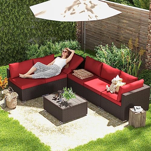 Image of DEVOKO Outdoor Sectional 3 Piece All-Weather Wicker HDPE Rattan Sofa Conversation Set with Table for Garden, Poolside (Dark Brown and Red)