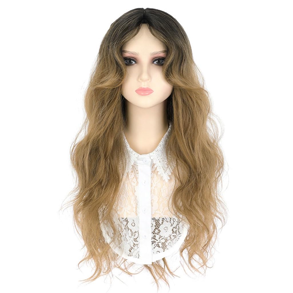 Perruque cheveux humains femme longs bouclés dégradés blonds noirs à frange longue