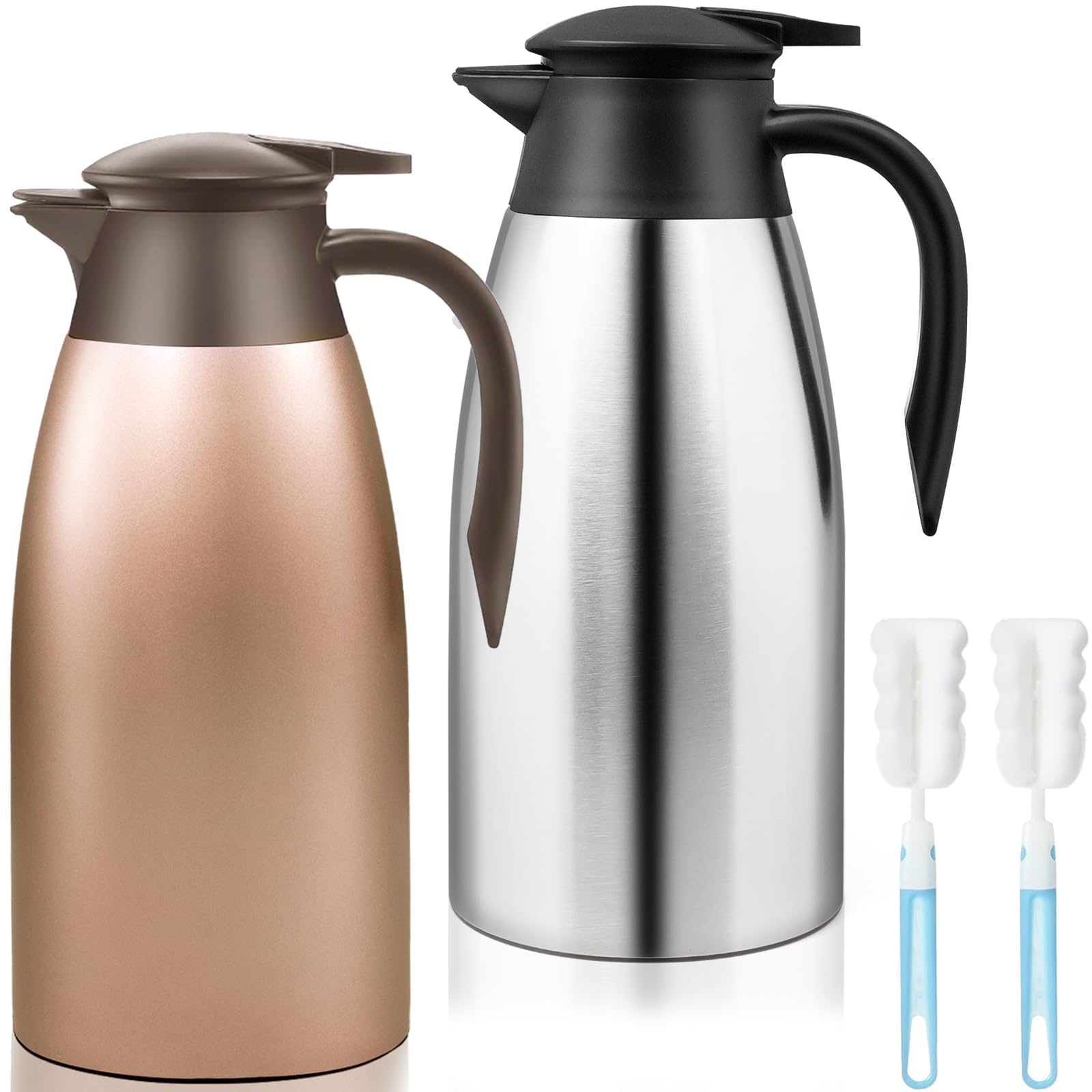 Set di 2 caraffe isotermiche da 2 l, in acciaio inossidabile, con manico a doppia parete, per caffè, tè, acqua, succo e 2 spazzole di pulizia