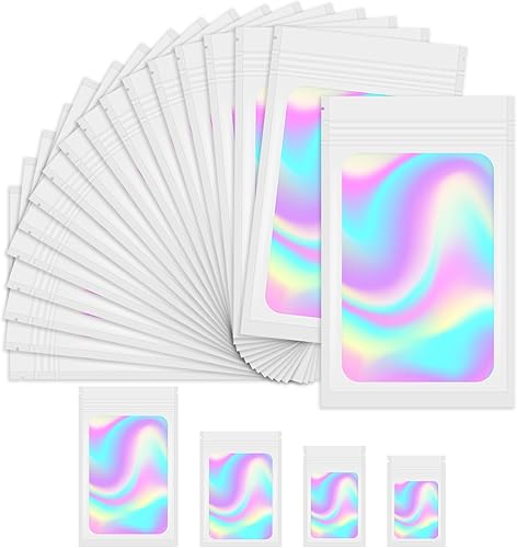 100 bolsas a prueba de olores, 4 tamaños, bolsas holográficas resellables de Mylar con ventana transparente, bolsas de embalaje a prueba de olores