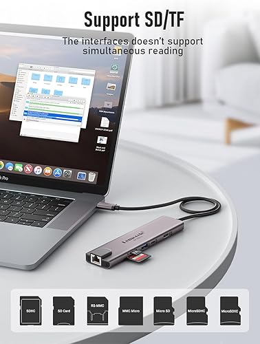 Vista 5 de Lemorele Adaptador multipuerto USB C Hub 10 en 1 para MacBook Pro con HDMI 4K 60Hz, Gigabit Ethernet, entrega de energía de 100 W, 2 puertos USB
