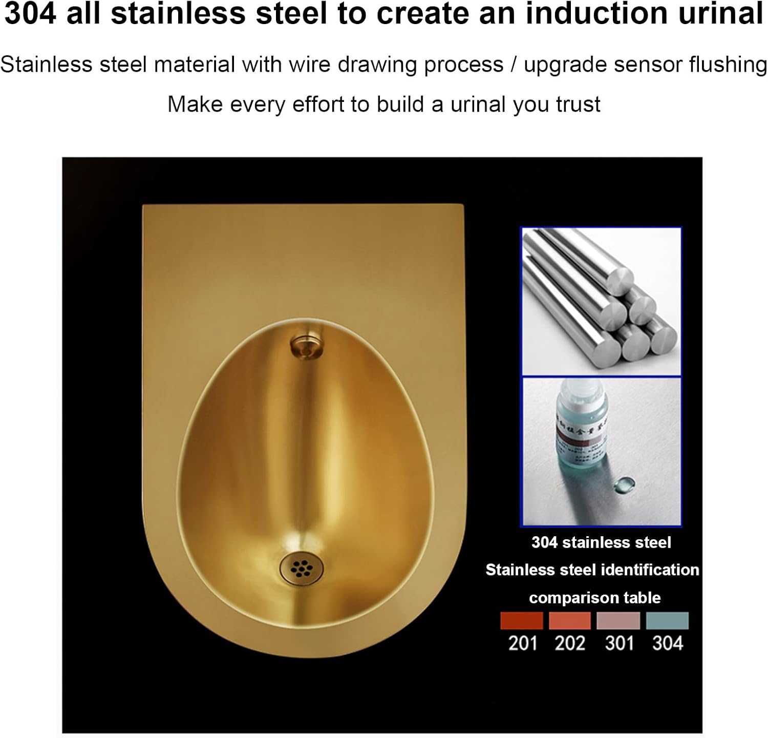 Bathroom Toilet Wall-Hung 304 Stainless Steel Urinal for Male Sanitary Ware Induction Wall-Mounted Drainage Public Toilet Men's urinals, Public Toilet Urinal for Homes (Rose Gold Urinal)