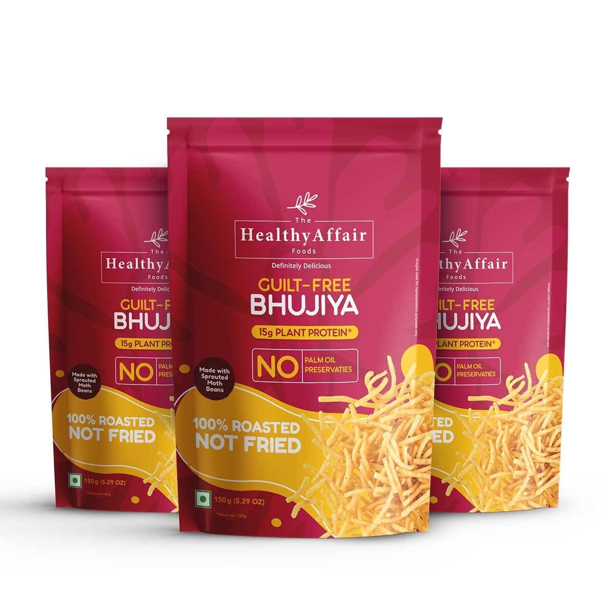 The Healthy Affair Guilt-Free Bhujiya (Pack of 3), Roasted & Delicious, 22g Plant Protein (150 gram per packet)-image-2