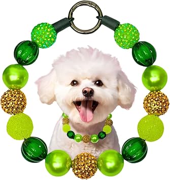 St. Patricks Day Necklace-Collar - Jumbo-Sized Acrylic Bead Necklace for Dogs, and for Cats, Big or Small. Easy Snap-O-Ring for Easy-Use. Handmade & Handcrafted in USA Celebrate The Paw-lidays! 11"