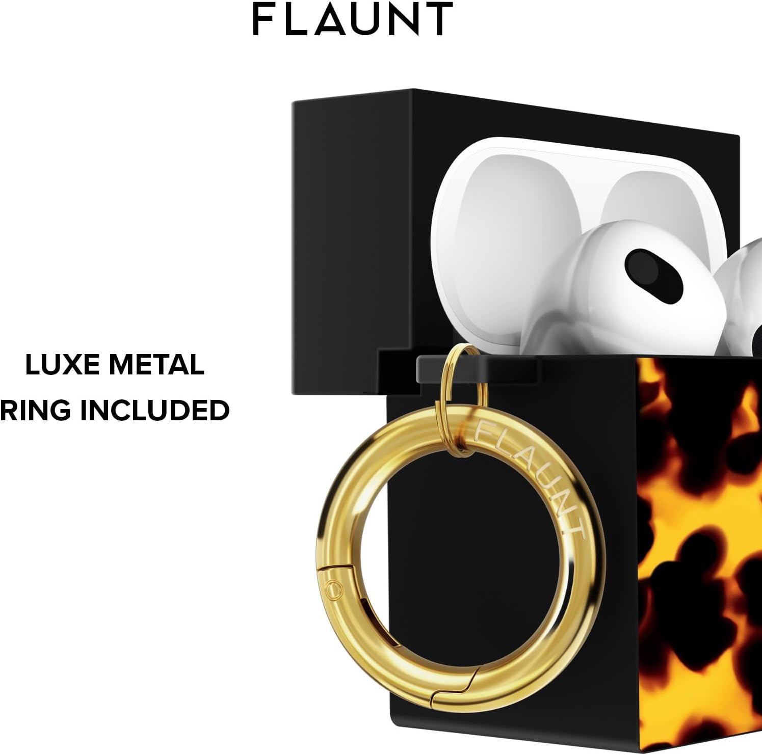 Flaunt Official Square AirPods 4 Case with Gold Ring - Compatible with AirPods 4th Generation - Wireless Charging - Lightweight & Shockproof (Tortoise Print)