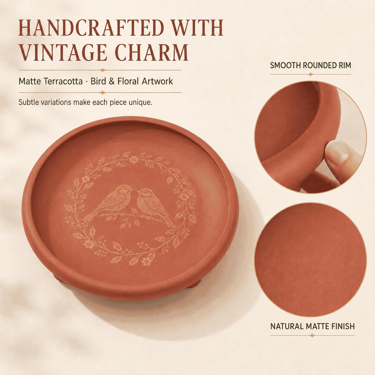 12.2 Inch Terracotta Heavy Ground Bird Bath Bowl for Outdoors
