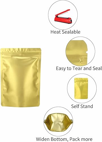 Miniatura 4 de 200 bolsas resellables de Mylar (3.3 x 5.1 pulgadas, oro mate), bolsa de papel de aluminio con cierre de cremallera, a prueba de olores, embalaje
