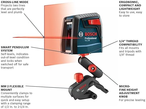 Miniatura 2 de Bosch GLL30 Nivel láser de línea transversal de 30 pies con dispositivo de montaje flexible de 360 grados y bolsa de transporte