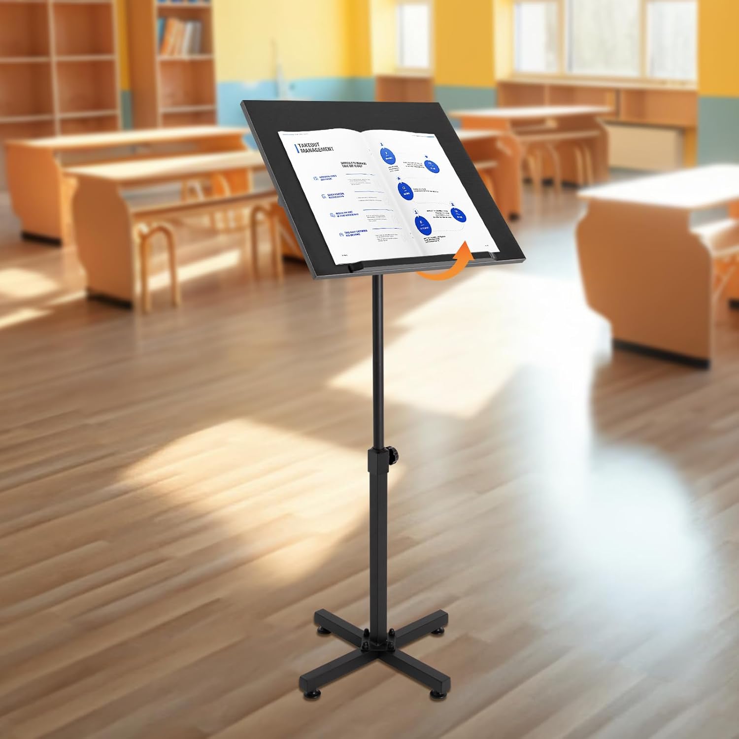 Classic Lectern Podium Stand, Height Adjustable Laptop Table, Portable Presentation Standing for Classroom, Office, Church, Tilting Desktop with Edge Stoppe (Black)