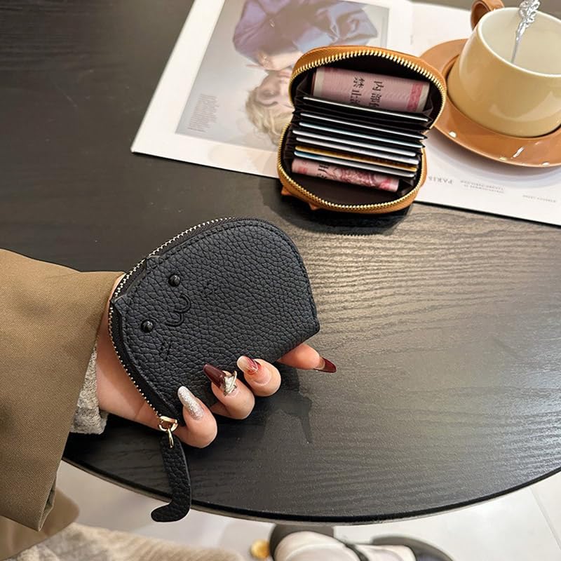 2Pcs Black and Caramel Compact Chic Genuine Leather Cat Design Wallet Secure Zipper Polyester Lined Coin Purse and Sleek Card Holder3