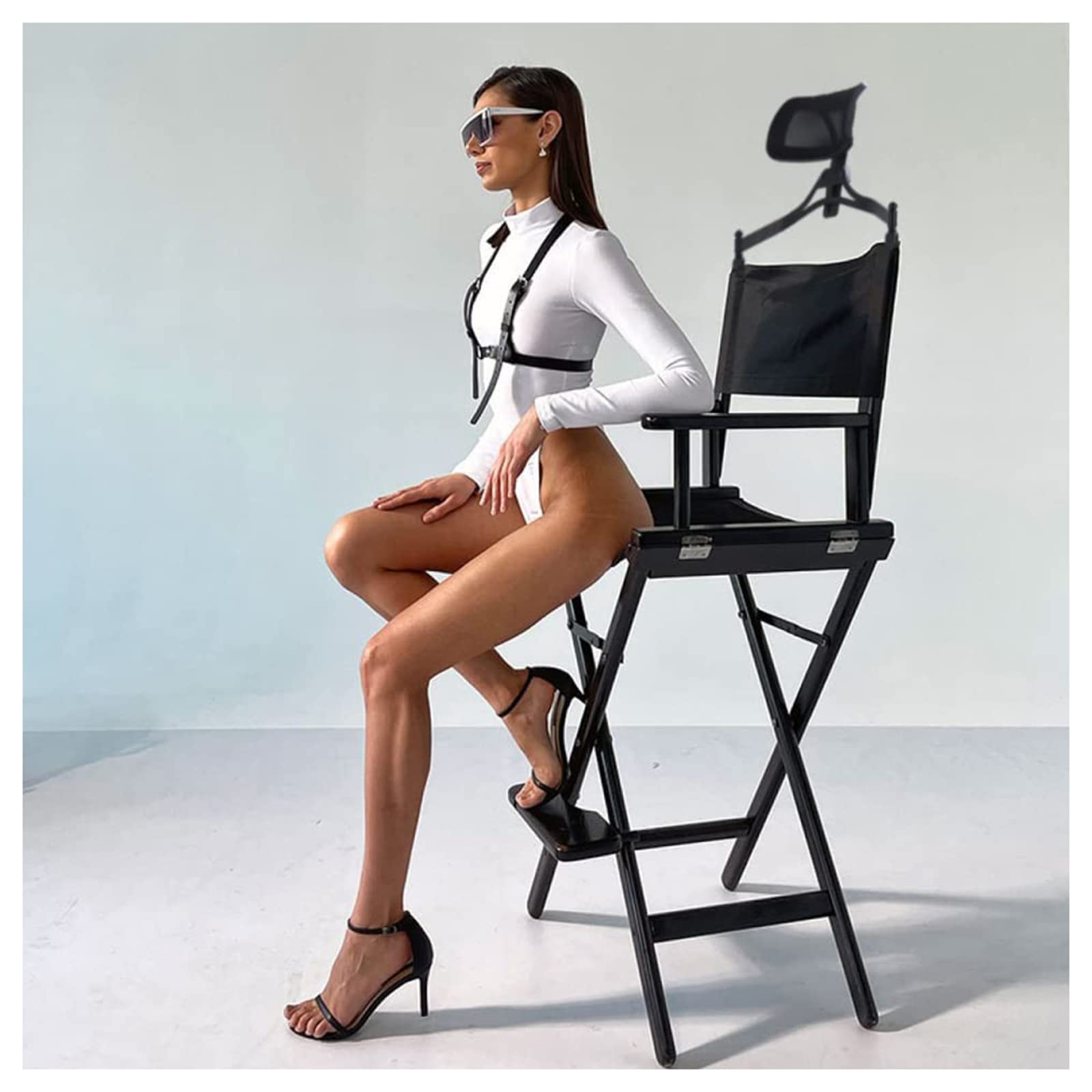 Sedia da Trucco Professionale in Alluminio da Regista Pieghevole per Makeup Artist, Altezza 148 cm con Poggiatesta Rimovibile, Supporti Resistenti 330 Libbre, Nero