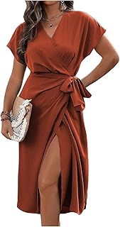 Women's Plus Size Wrap V Neck Knot Side Midi Dress Short Sleeve Flowy Party Dresses - Buy now