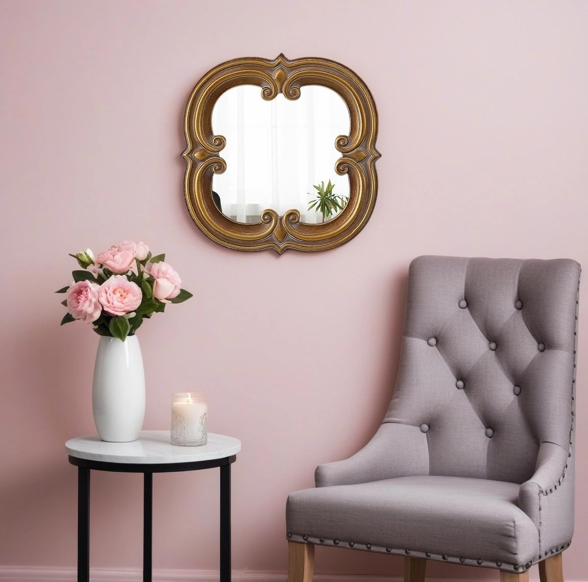 Antique Small Gold Mirror 12 Inch, Hanging Distressed Wood Frame Vintage Wall Mirrors, Decorative Unique Scalloped Mirrors for Wall Decor Living Room Hallway, Horizontal or Vertical