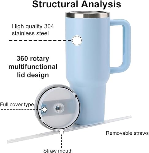 Miniatura 4 de Vaso aislado al vacío de acero inoxidable de 40 onzas con tapa y popote para agua, batidos y más, té helado o café (azul cielo)
