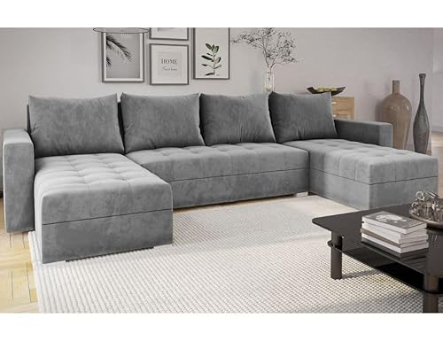 MODERNO Ecksofa mit Schlaffunktion und Bettkasten FORSET U - Sofa mit +3 Sitzen - Schlafcouch Wohnlandschaft U Form - Modern Couch 301x145x80 cm - Big Sofa XXL Grau