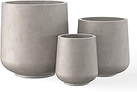 Kante Round Concrete Planter Set of 3 (15.3"+11.6"+8.2" Dia) - Lightweight Weathered Finish, Drainage Holes & Plugs for Indoor/Outdoor Gardens