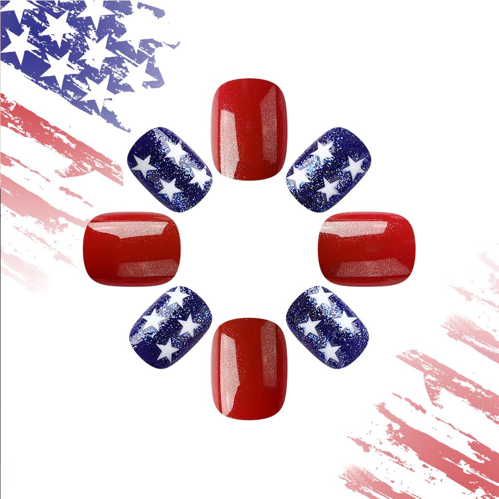 4th of July Nails - Fourth of July Press On Nails Short Square Fake Nail with American Flag Design, Red and Blue Five-Pointed Star Acrylic Artificial False Press Ons Stick On Nails for Women